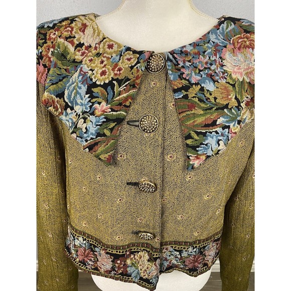 Vintage 80's Dorothy Schoelen Platnium Olive Floral Chic Bib Blouse Jacket Large - Picture 2 of 13